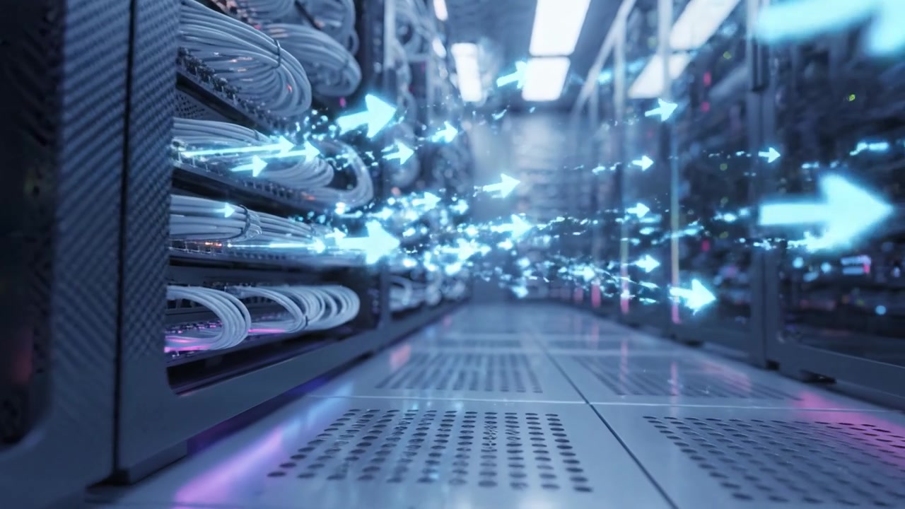 Exploring the Depths of a Modern Data Center, Showcasing Rows of Servers and Intricate Cabling in a High-Tech Environment with Advanced Cooling Systems.