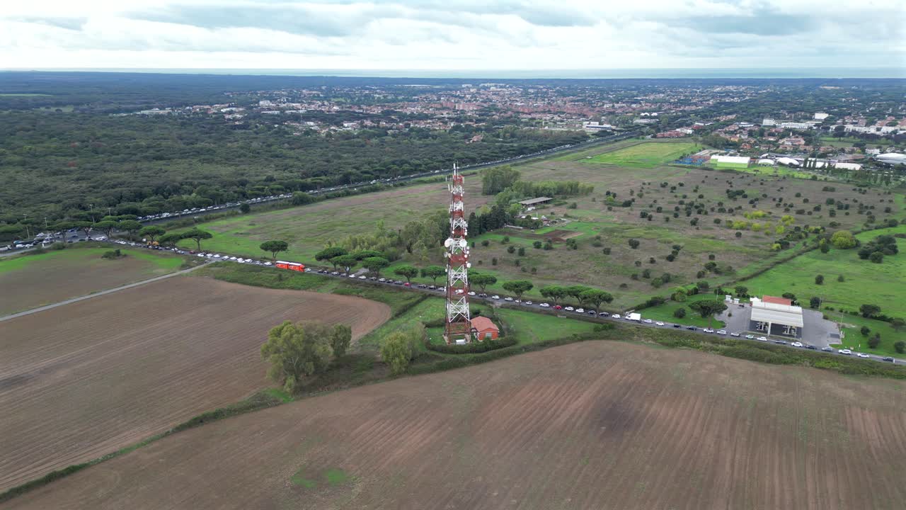 Cell Site Of Telephone Tower With 5G Base Station aerial Video