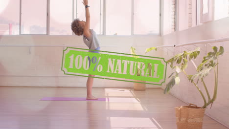 estiramiento en un estudio brillante, persona con animación 100% natural sobre la etiqueta verde