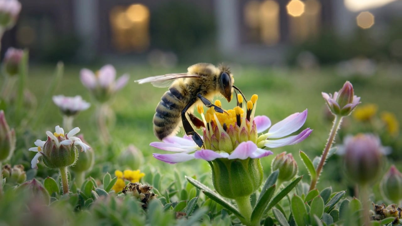 Landing worker honeybee probing stamens on pink yellow flower in ground flowerbed, gathering nectar