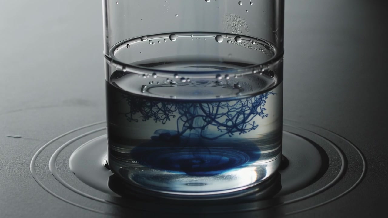 Recebendo fluxo de corante azul, copo de água formando uma cúpula, filamentos e poça sobre a mesa para difundir