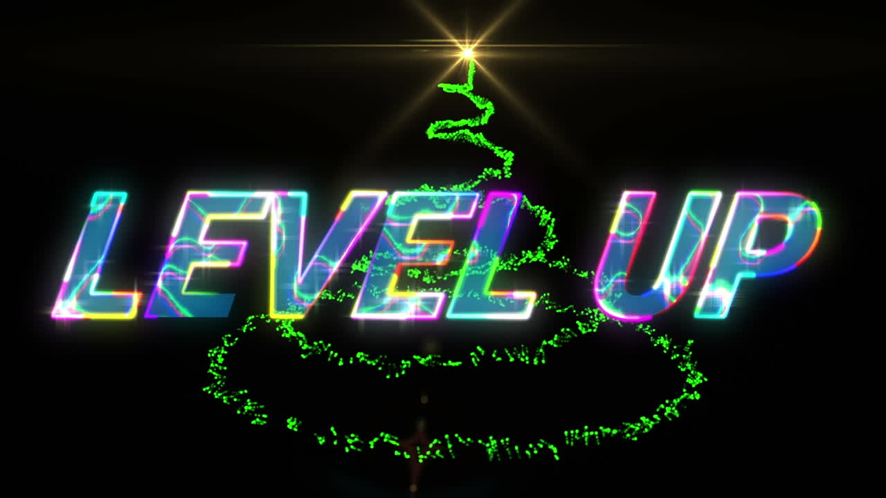 초록색 빛의 흔적 위에 레벨 업 텍스트의 애니메이션