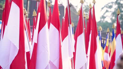 cámara lenta de muchas banderas nacionales de indonesia ondeando en el asta de la bandera en el desfile