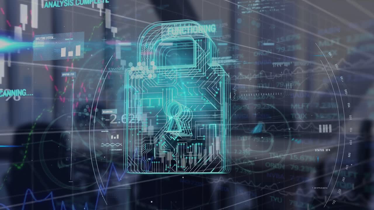 animación del procesamiento de datos financieros y el icono del candado sobre la oficina vacía