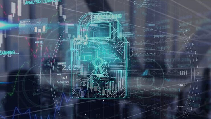 Animation of financial data processing and padlock icon over empty office