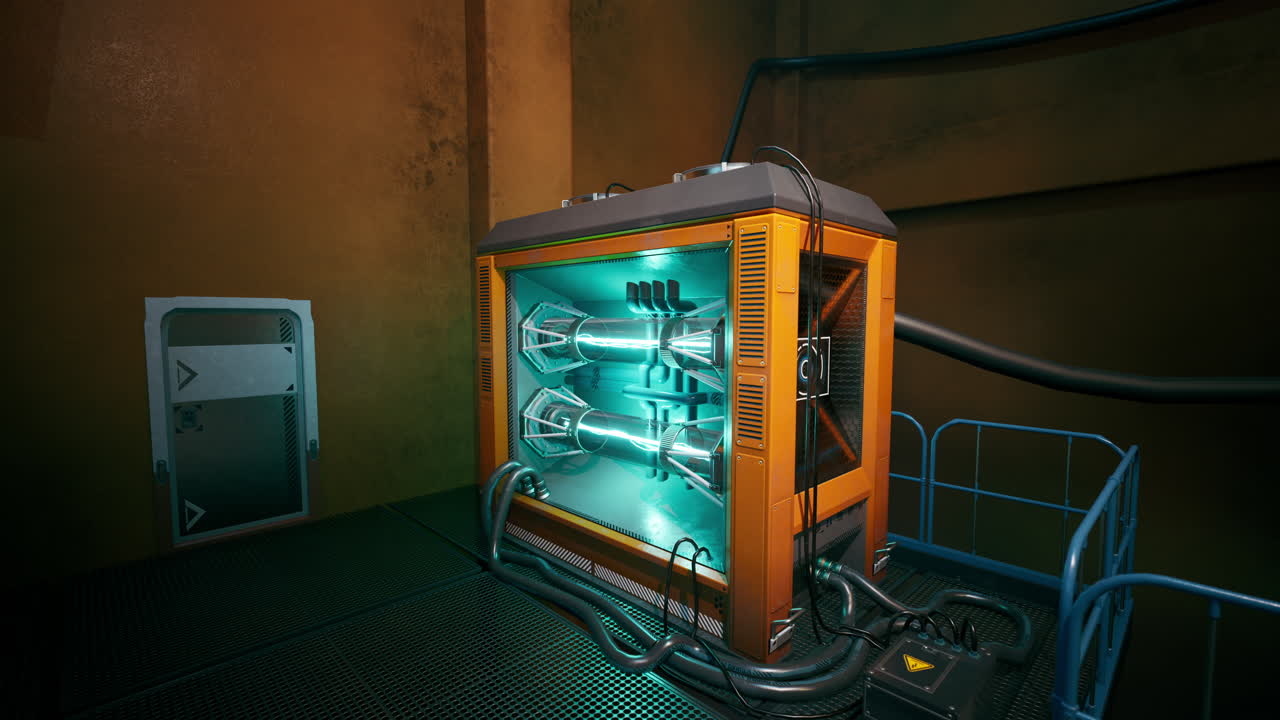 Futuristic Orange Energy Reactor in a Dark Laboratory