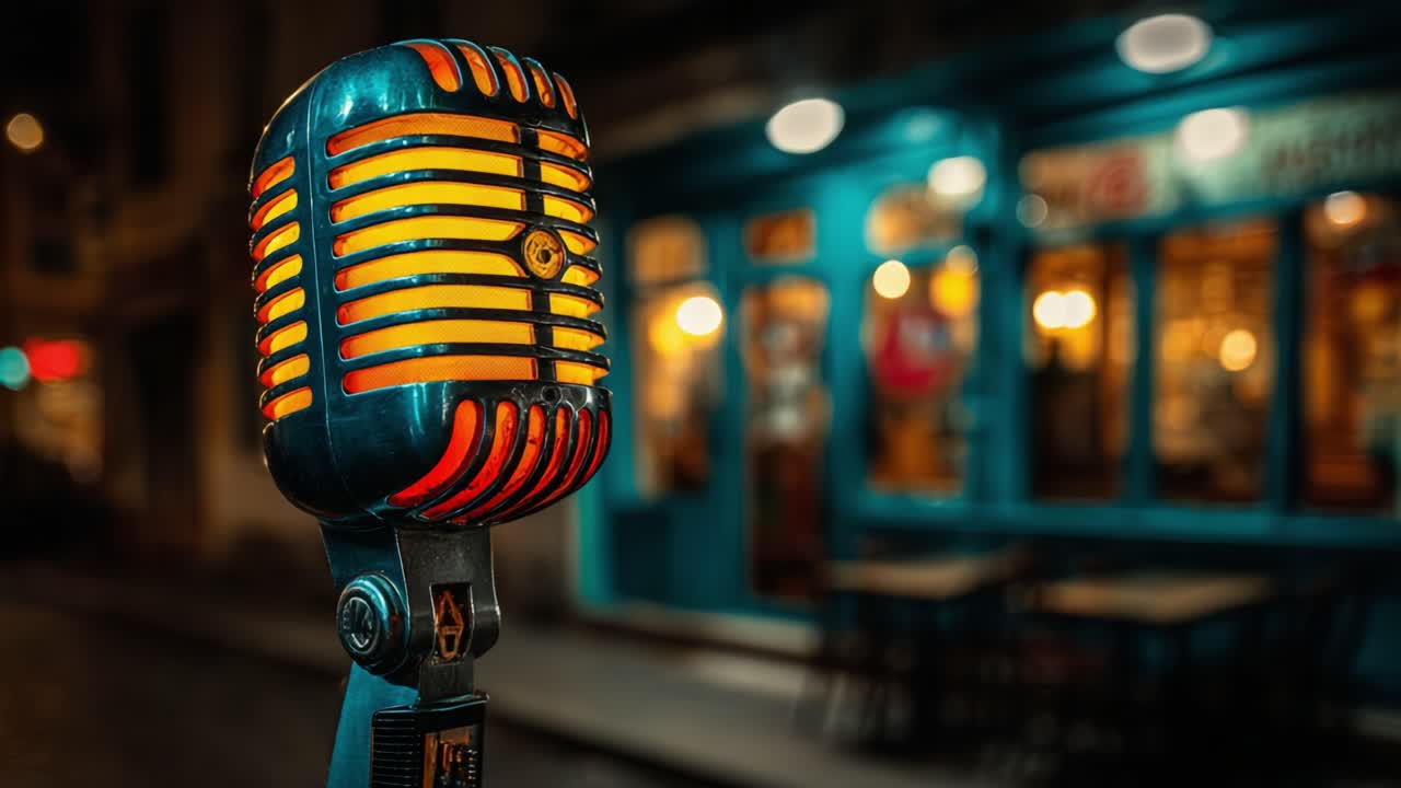 A Vintage Microphone Captured in a Cozy Nighttime Setting, Inviting Musicians and Singers to Share Their Talent in a Welcoming Atmosphere Full of Warm Lights