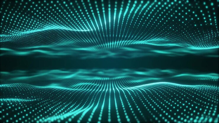 Onde Astratte di Particelle Digitali Verde Acqua in Movimento nello Spazio