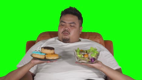 man looks confused to choose donuts or salad