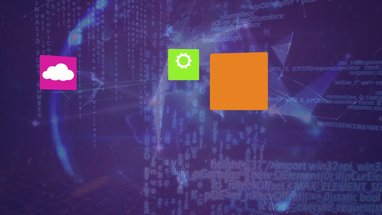 Animation of data processing and media icons over blue background