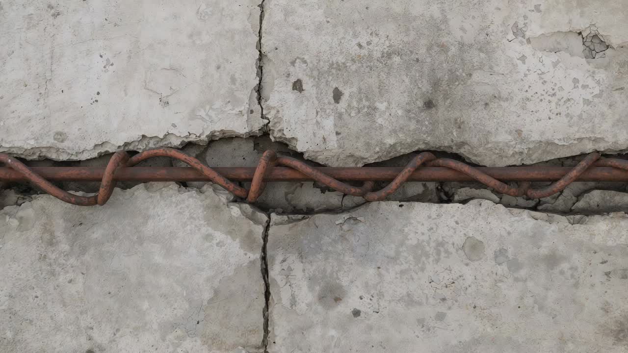 Showing seam on concrete slab opening at frame three, exposing void from wear with rusted rebar