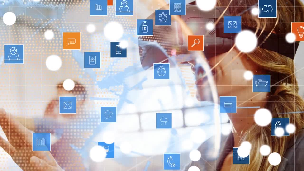 가상 고글과 응용 프로그램 아이콘을 착용 한 남성과 여성