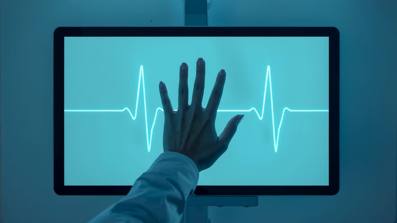 Mano destra con manica bianca che reagisce ai picchi dell'ECG sul monitor medico, per poi abbassarsi