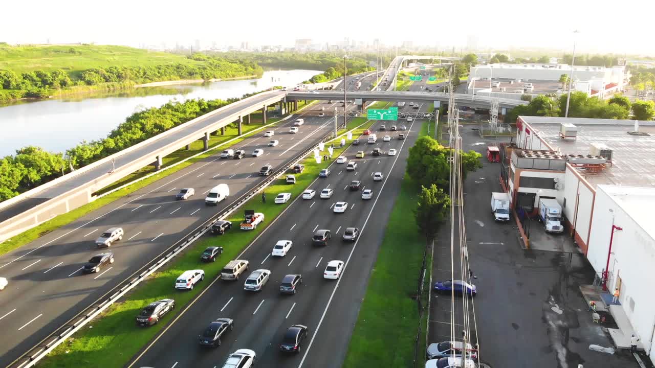 Early Morning Aerial Shot  Pulling Back Heavy Traffic on Puerto Rico