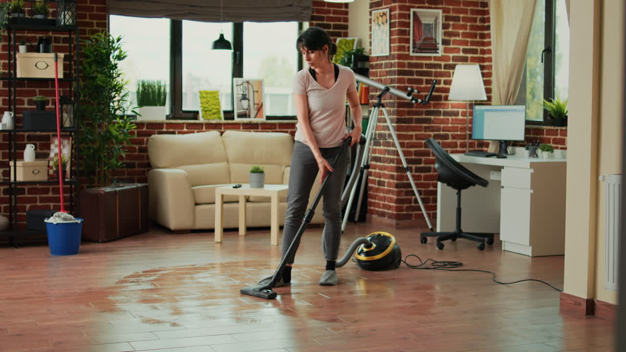 Young woman sweeping dirt with mop in living room