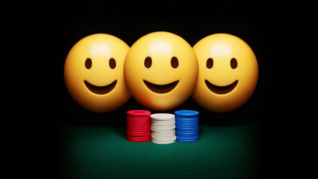 Neşeli gülen yüzler, renkli poker fişleriyle çevrili bir masayı süsleyerek oyunlar ve eğlenceli toplantılar için mükemmel, oyuncu ve neşeli bir atmosfer yaratıyor.