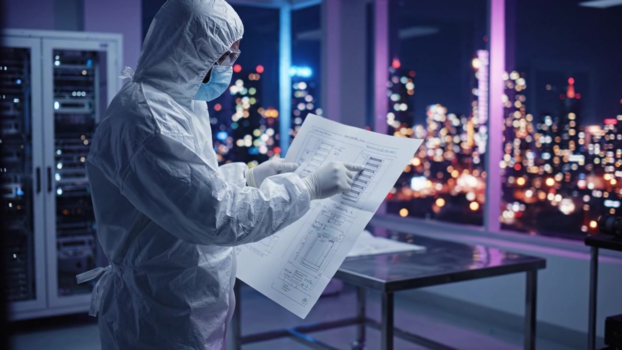 Un tecnico concentrato con dispositivi di protezione studia documenti tecnici sullo sfondo di un vivace paesaggio urbano illuminato di notte da un grattacielo.