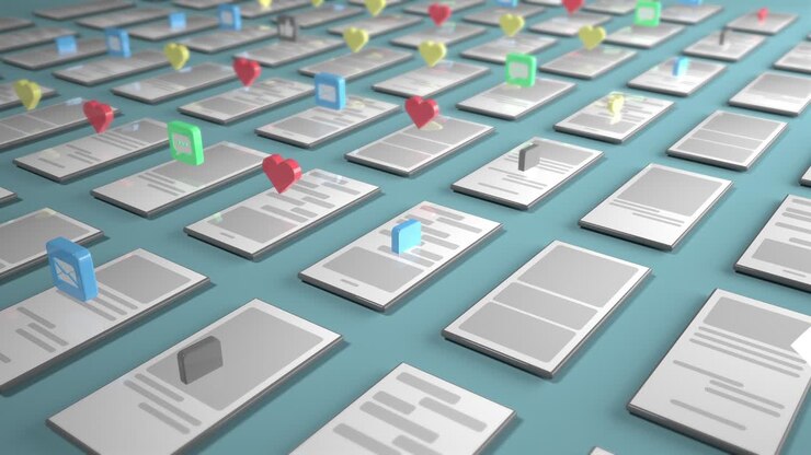 Rendering 3D dello sfondo con simboli come pollice in su, messaggio ricevuto, email ricevuta su telefoni cellulari. Il concetto di social network. Animazione ciclica. Messa a fuoco selettiva.