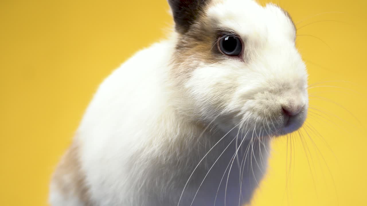 Close up face of bunny looks at the camera and wiggles its nose on a yellow background