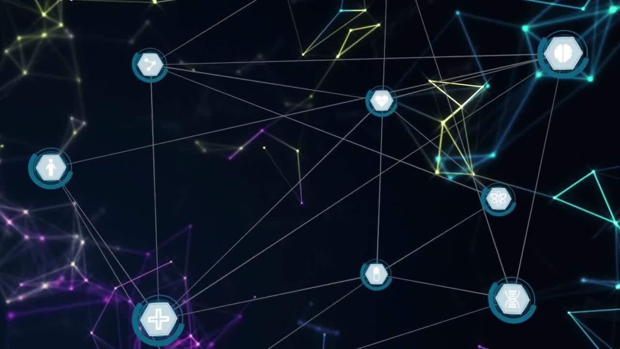 Animation of network of connections with digital icons floating over geometric figures