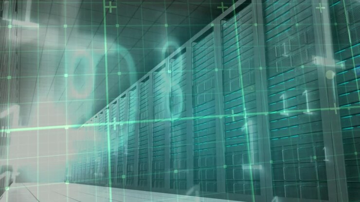 Animation of binary coding and digital data processing over computer servers