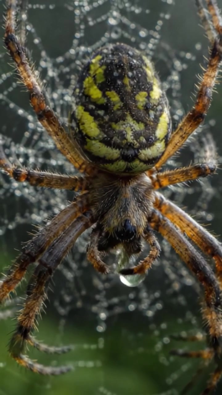 Et storslått nærbilde av en edderkopp som fanger morgendugg på nettet sitt, og viser frem naturens intrikate design og skjønnheten i mikroøkosystemer.