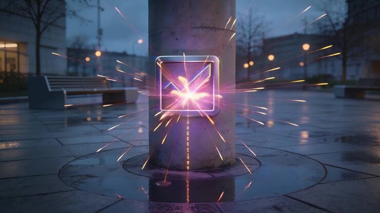 Pulsing metal square emblem with checkmark reacting to pulse, releasing golden sparks in wet plaza