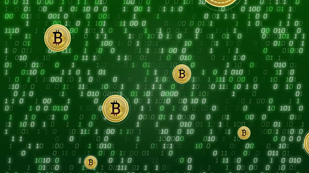 Animation of bitcoin currency icons financial data processing over binary coding