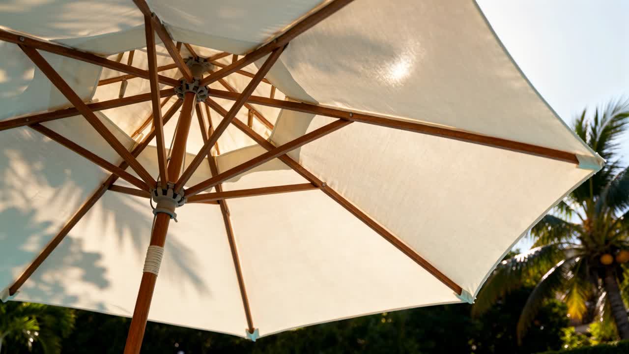 Video verticale: Sole in movimento, ombrellone che mostra un bagliore scorrevole e l'ombra di una palma, con una sovrapposizione a tema resort.