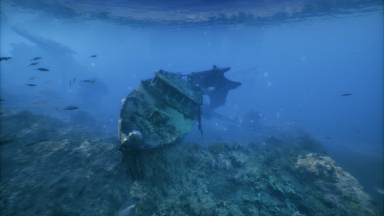 Exploring a submerged shipwreck in clear blue waters near coral reefs