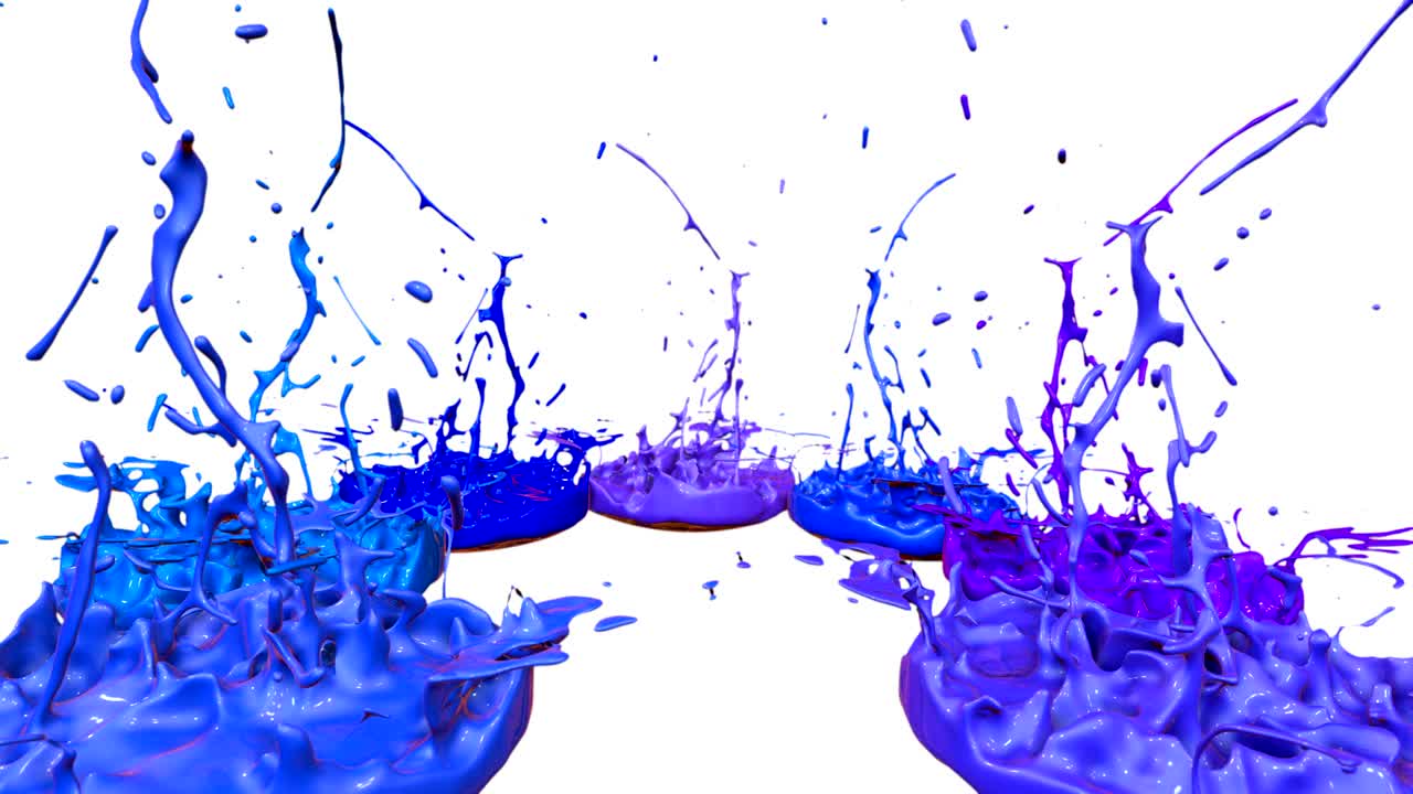 3d splashes of liquid. Paint bounce in 4k on white background. Simulation of splashes of ink on a musical speaker that play music. version shades of blue 10