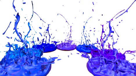 3d splashes of liquid. paint bounce in 4k on white background. simulation of splashes of ink on a musical speaker that play music. version shades of blue 10