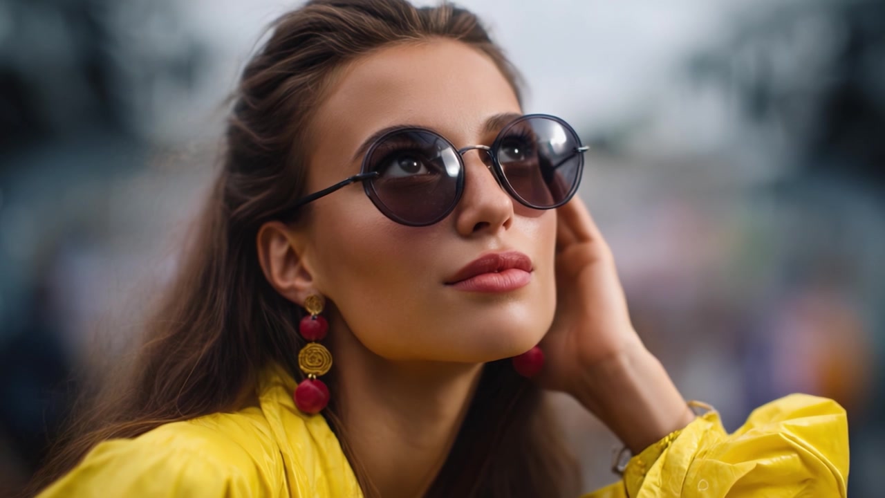 Mulher Charmosa de Óculos de Sol e Casaco Amarelo a Posar Elegantemente, Capturando um Momento de Moda com Acessórios Elegantes Contra um Fundo Desfocado.