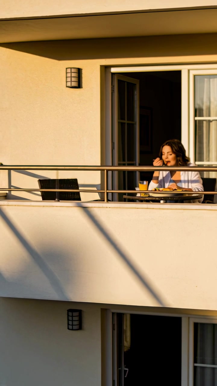 Video verticale: Sole che riscalda un balcone, donna in accappatoio che fa colazione con forchetta e succo, spazio per il testo.