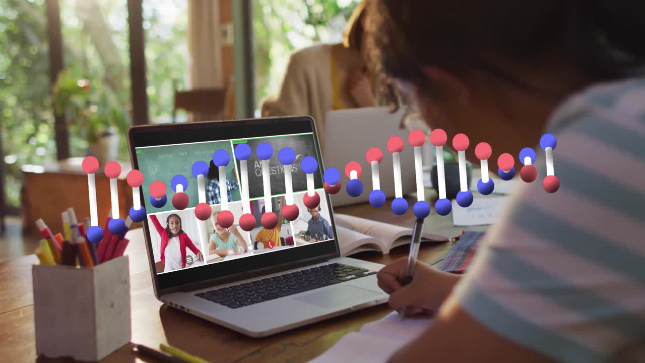 Student taking notes during online class with DNA strand animation overlay