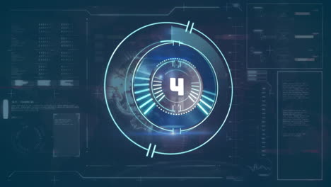 Animation-of-countdown-and-scope-scanning-over-data-processing-and-globe