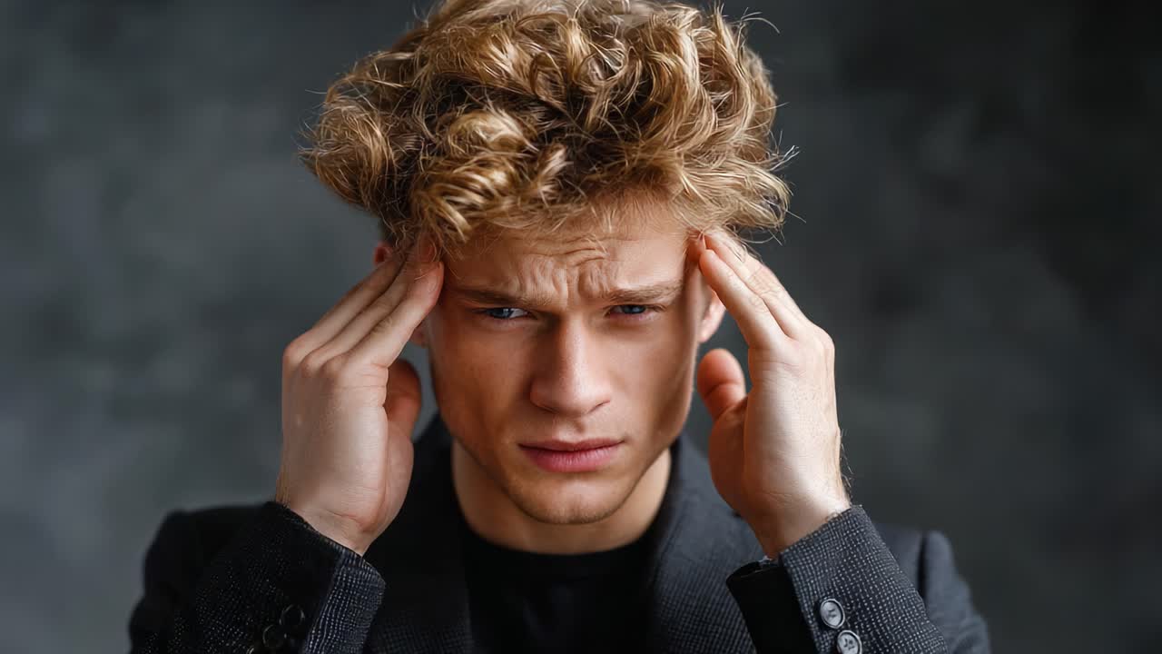 A Young Man Expressing Signs of Distress and Headache, Highlighting the Emotional Struggles and Physical Discomfort Associated with Mental Fatigue