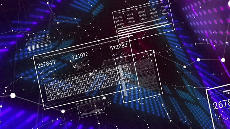 Animation of digital data and coding interface on vibrant blue and purple background