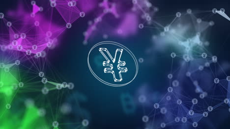 Rotating transparent Japanese yen icon. Abstract color animated 3D background with symbols of coin and plexus lines. Japanese currency.