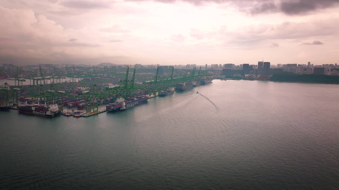 Aerial View of a Bustling Container Port and City Skyline