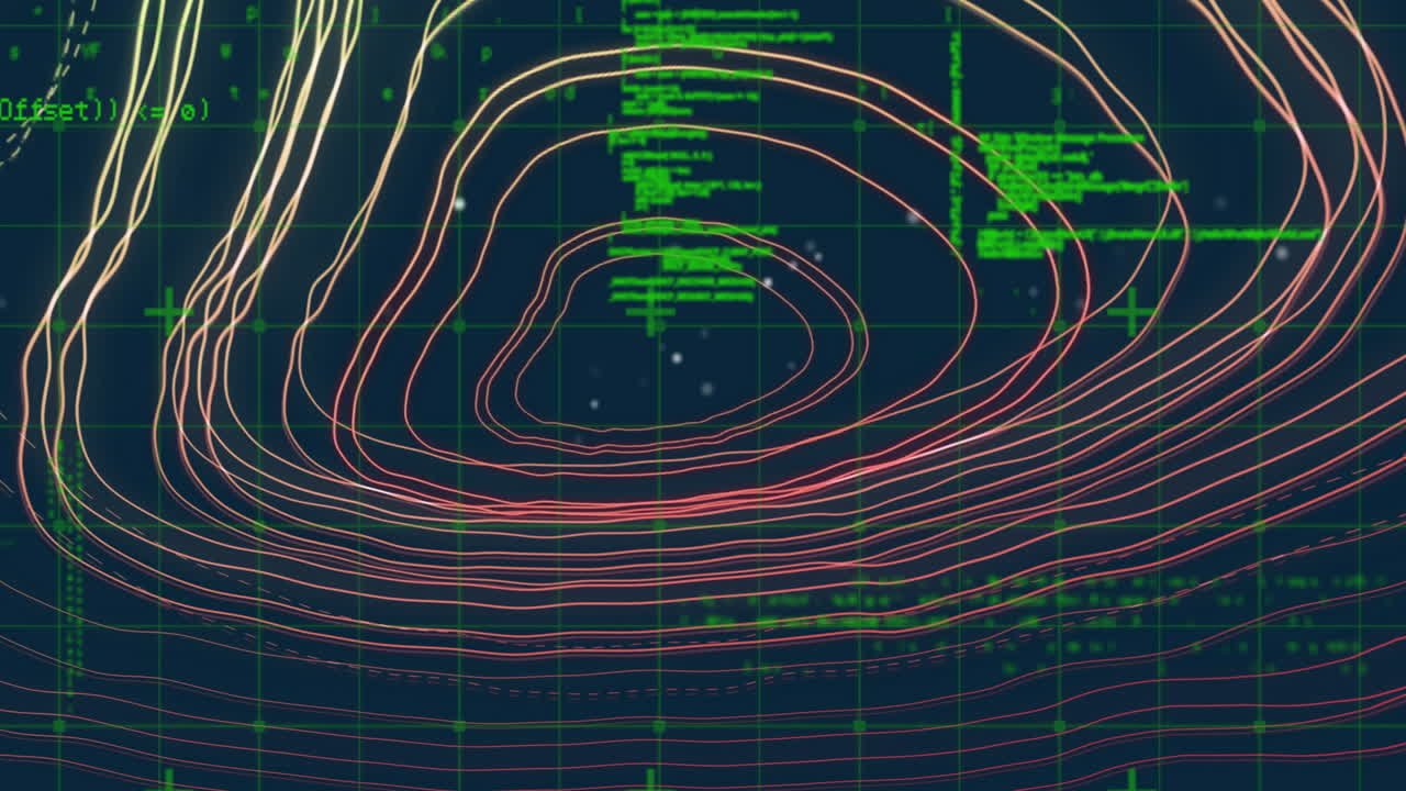 Contour lines and green code text creating digital topographic map animation