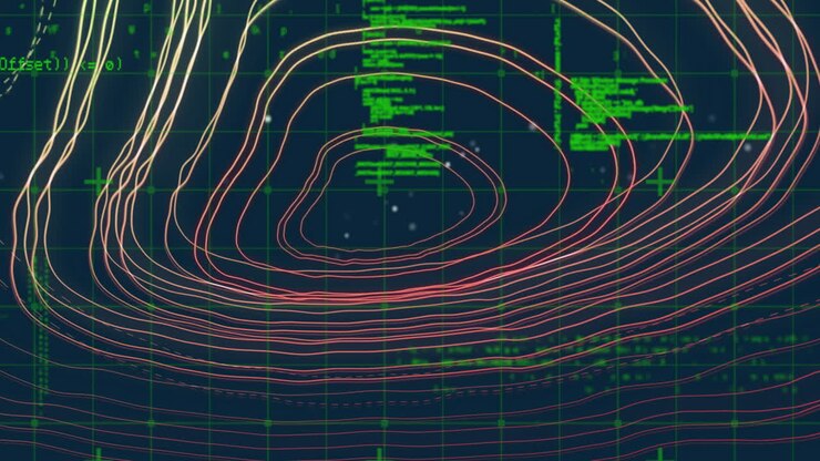 Contour lines and green code text creating digital topographic map animation