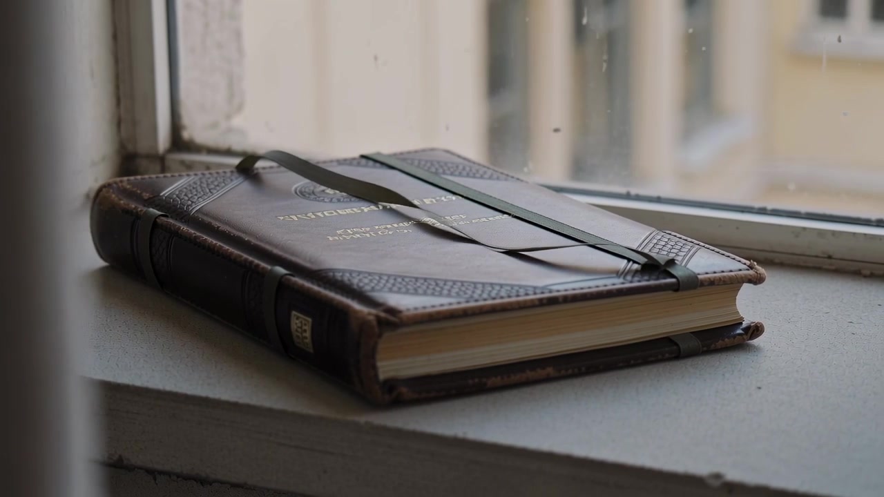 Panning camera revealing closed leather-bound notebook on painted windowsill to show green ribbon