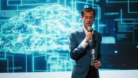 speaker does presentation during tech conference, exploring use of ai