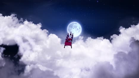 animation of christmas santa claus in sleigh with reindeer over clouds and full moon