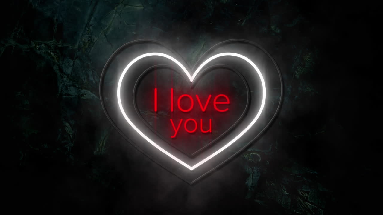 Animation of i love you in red with white and yellow concentric neon hearts flashing on dark wall