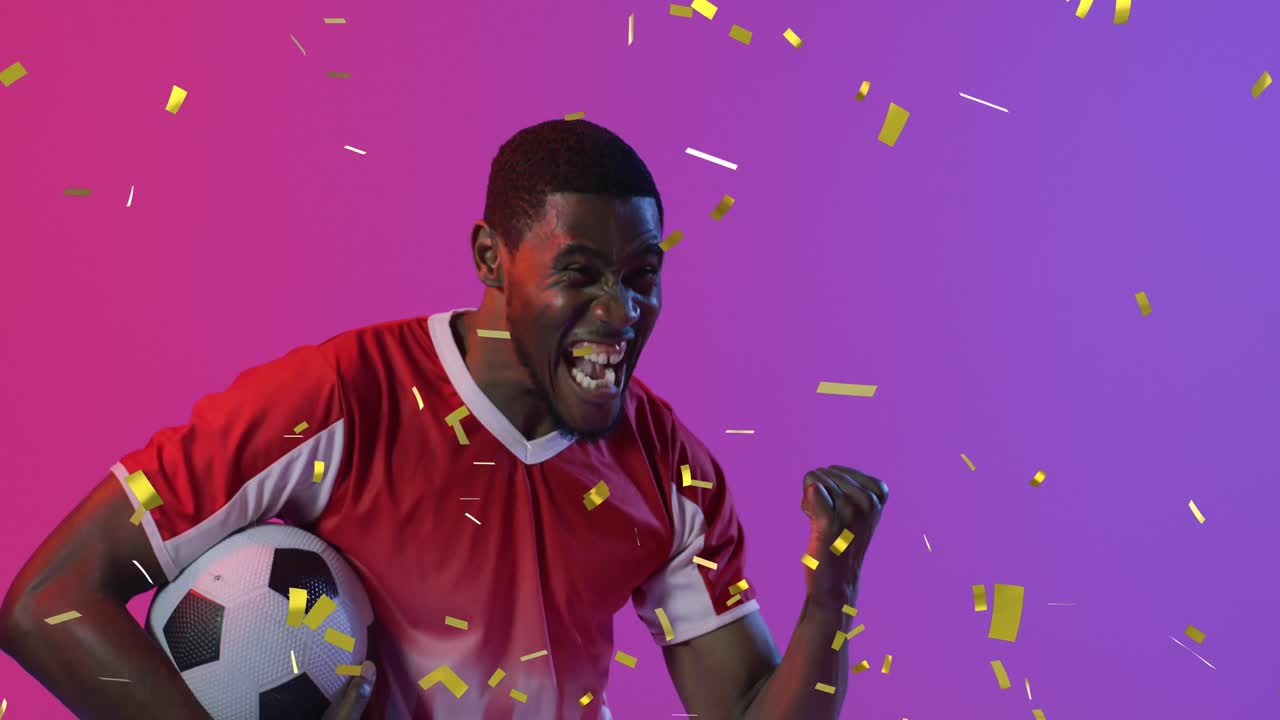 animación de un jugador de fútbol afroamericano sobre confeti