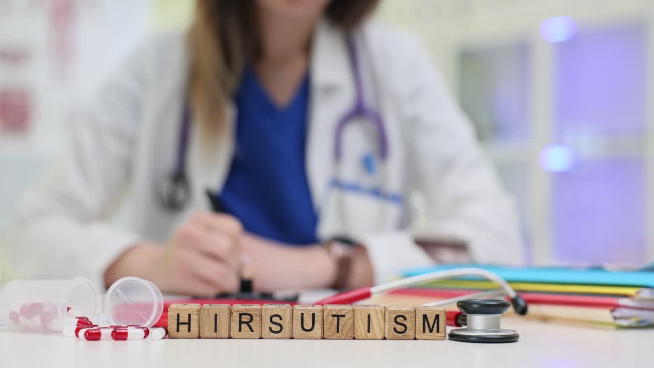 Hirsutism Word Blocks on Doctor's Desk with Medical Supplies