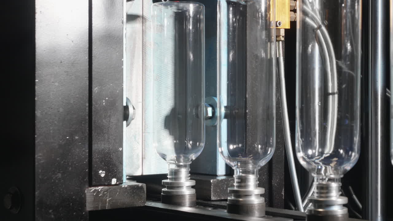 애완 동물 프리폼이 로봇 장비에 의해 어떻게 플라스틱 병으로 변하는지에 대한 클로즈업 샷