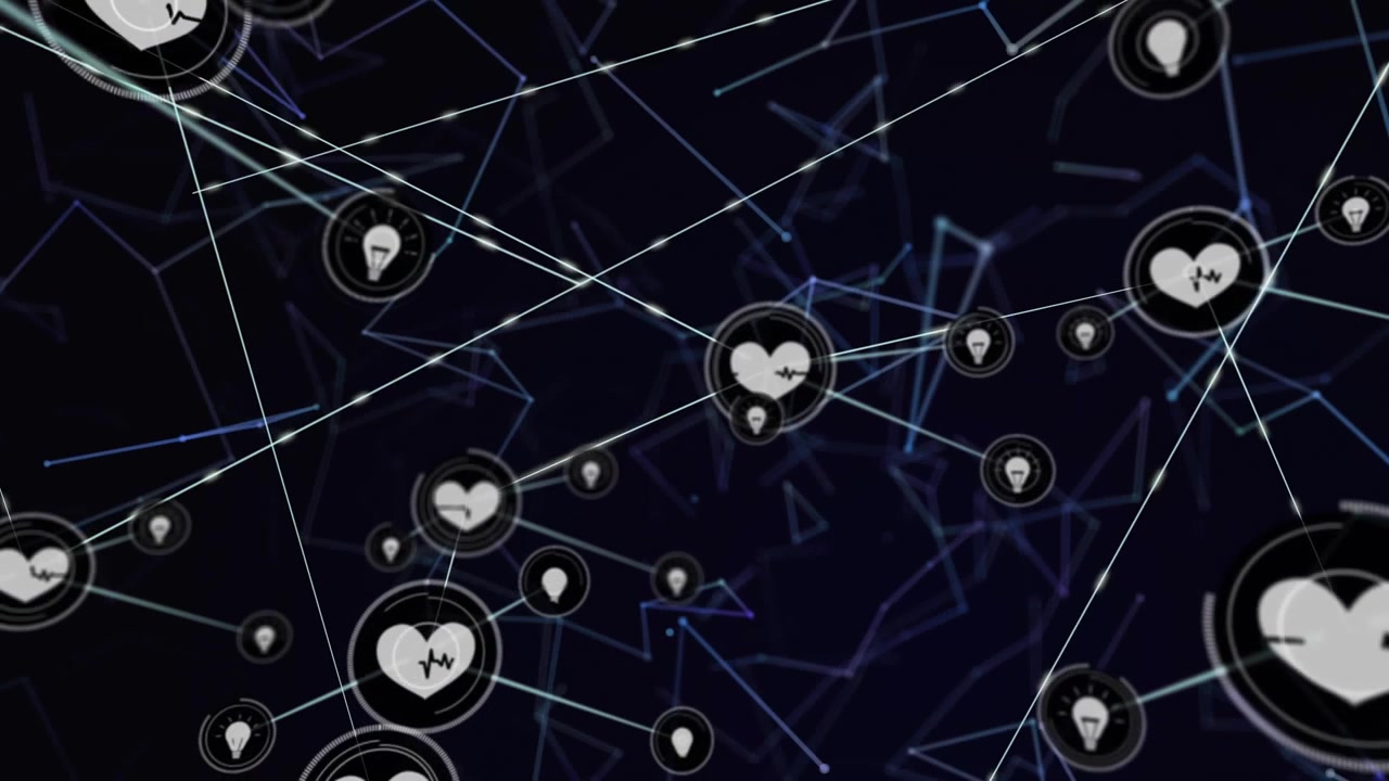 Raggio luminoso che emette un'icona a cuore bianco, pulsante e che collega nodi luminosi rivelando una rete digitale.